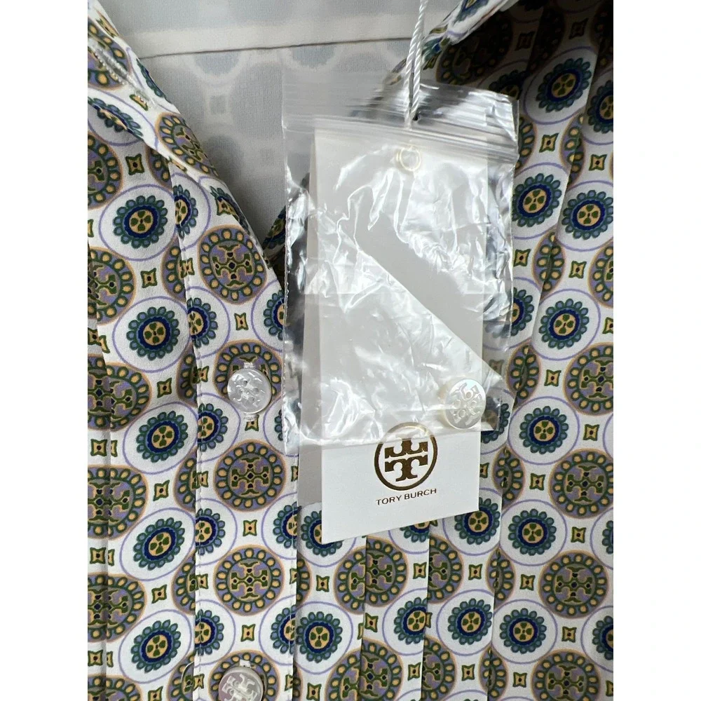 Tory Burch Cora Shirt Dress Women 10 White Geometric Medallion Long Sleeve New